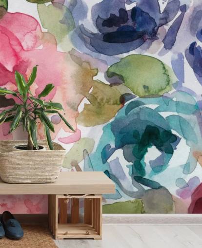 papier peint mural floral personnalisable rose et bleu appelé Macro Garden 2 par Carol Robinson pour les salons et les chambres