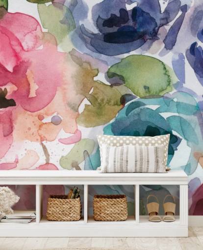 mural de papel de parede floral personalizável rosa e azul chamado Macro Garden 2 de Carol Robinson para salas de estar e quartos