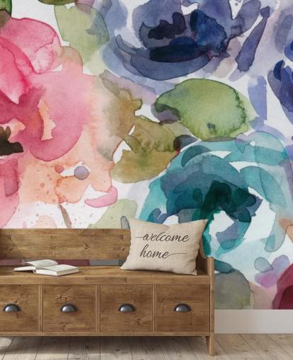 rosa och blå anpassningsbar blommig tapetväggmålning som heter Macro Garden 2 av Carol Robinson för vardagsrum och sovrum