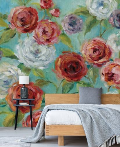 Papel de parede de rosas vermelhas brancas e roxas