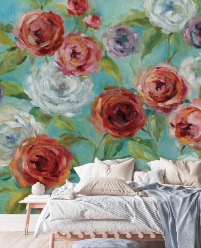 Carta da parati con rose rosse bianche e viola