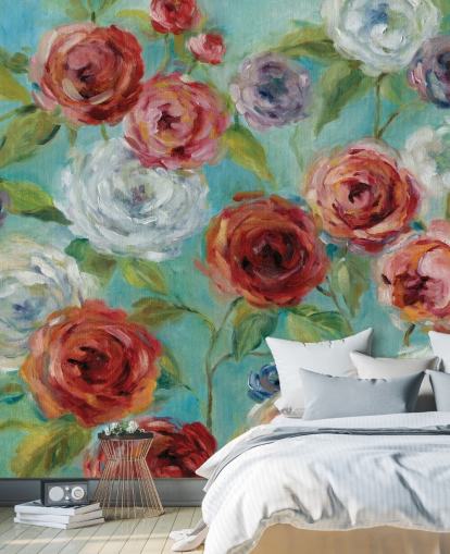 Papel pintado Rosas rojas, blancas y moradas