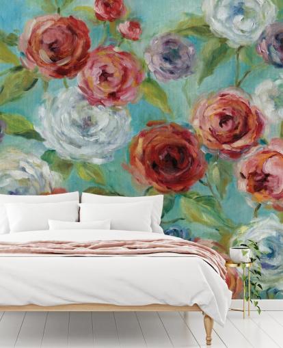 Papel pintado Rosas rojas, blancas y moradas