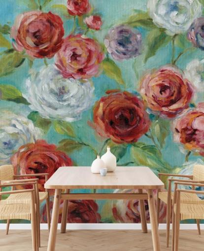 Papel pintado Rosas rojas, blancas y moradas