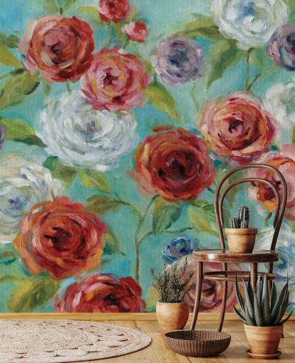 Papier peint Roses rouges, blanches et violettes