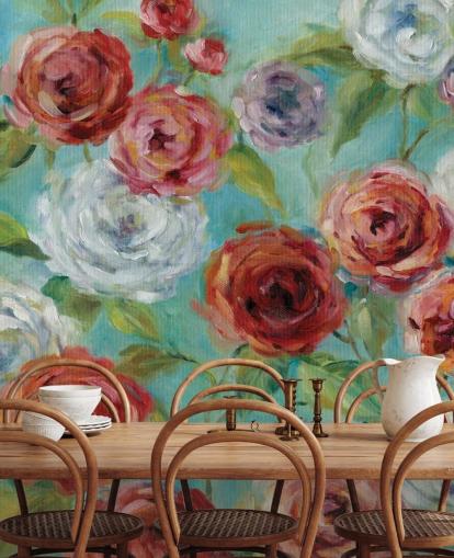 Papier peint Roses rouges, blanches et violettes