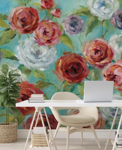 Papel pintado Rosas rojas, blancas y moradas