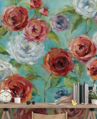 Papel pintado Rosas rojas, blancas y moradas