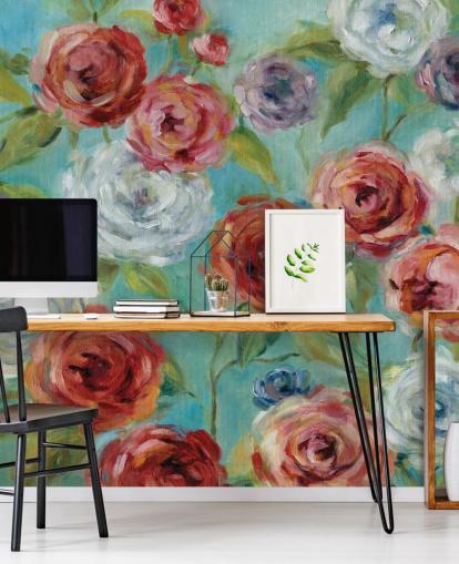 Papier peint Roses rouges, blanches et violettes