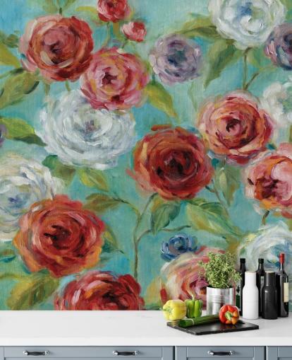 Rote weiße und lila Rosen bemalte Tapete Rote weiße und lila Rosen bemalte Tapete