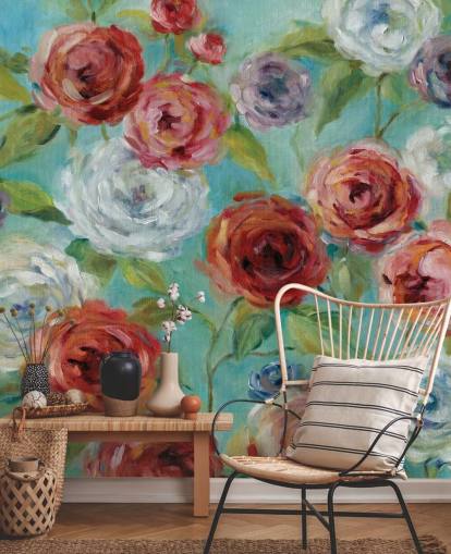 Carta da parati con rose rosse bianche e viola