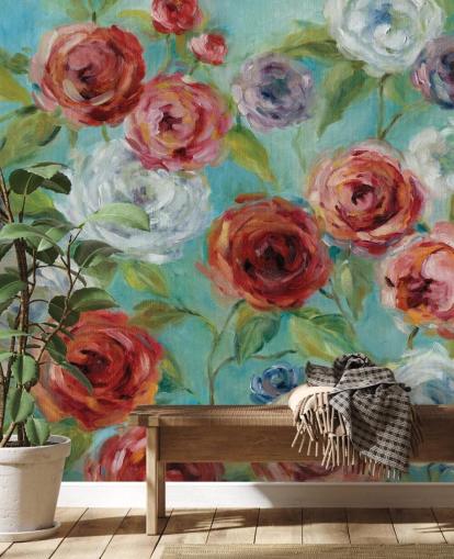 Papier peint Roses rouges, blanches et violettes