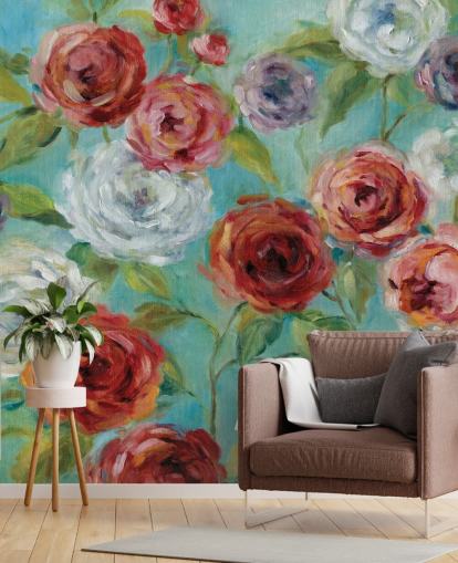 Papier peint Roses rouges, blanches et violettes