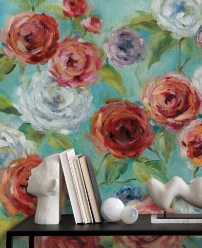 Papier peint Roses rouges, blanches et violettes