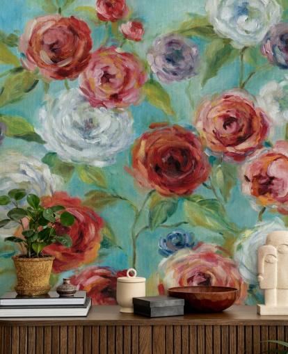 Papel pintado Rosas rojas, blancas y moradas