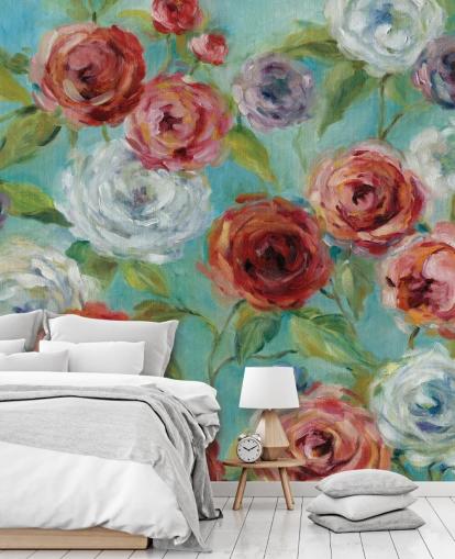 Papel de parede de rosas vermelhas brancas e roxas