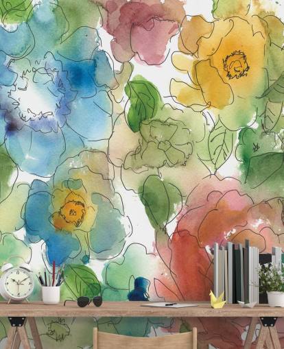 Mural de flores desenhadas a cores
