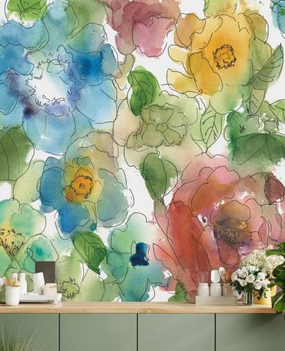 Mural de flores desenhadas a cores