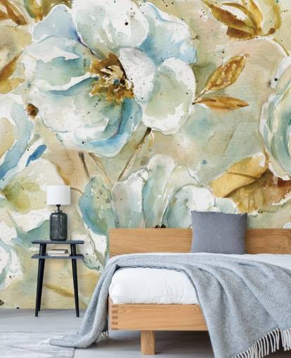 Mural floral de flores azuis e folhas marrons Mural floral de flores azuis e folhas marrons