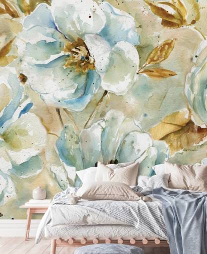 Blumen-Wandbild mit blauen Blumen und braunen Blättern