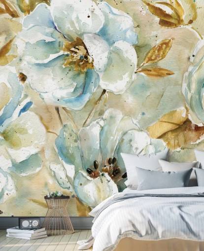 Blumen-Wandbild mit blauen Blumen und braunen Blättern Blumen-Wandbild mit blauen Blumen und braunen Blättern