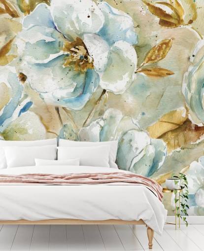 Blauwe bloemen en bruine bladeren bloemenmuurschildering