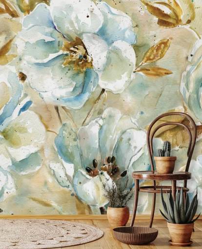 Decorazione murale con fiori blu e foglie marroni