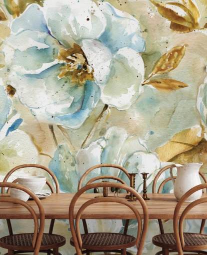 Blue Flowers and Brown Leaves Floral Mural