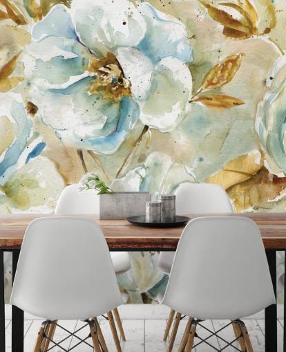 Peinture murale florale de fleurs bleues et de feuilles brunes