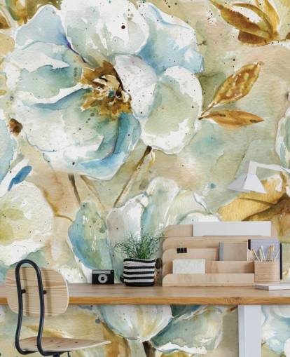 Blue Flowers and Brown Leaves Floral Mural