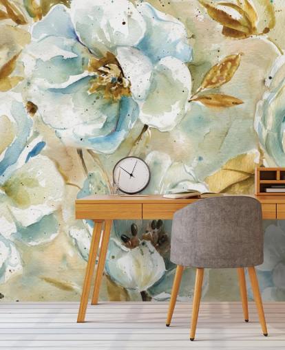 Blue Flowers and Brown Leaves Floral Mural