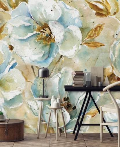 Peinture murale florale de fleurs bleues et de feuilles brunes