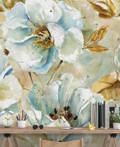 Mural floral con flores azules y hojas marrones