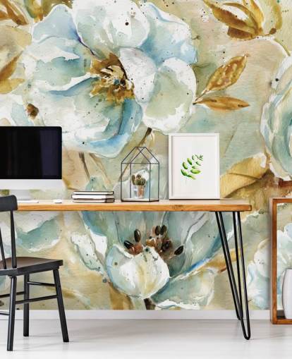 Mural floral de flores azuis e folhas marrons Mural floral de flores azuis e folhas marrons