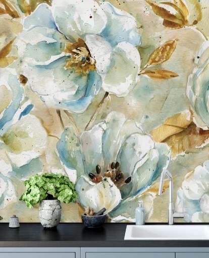 Decorazione murale con fiori blu e foglie marroni Decorazione murale con fiori blu e foglie marroni