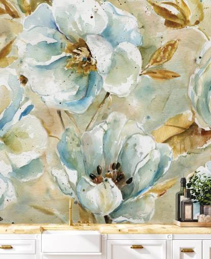 Mural floral con flores azules y hojas marrones