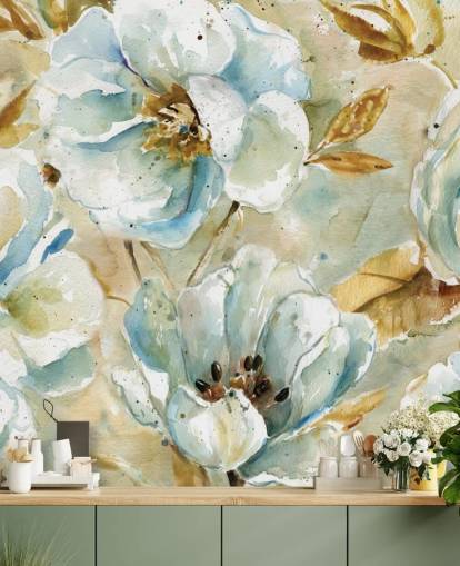 Decorazione murale con fiori blu e foglie marroni Decorazione murale con fiori blu e foglie marroni