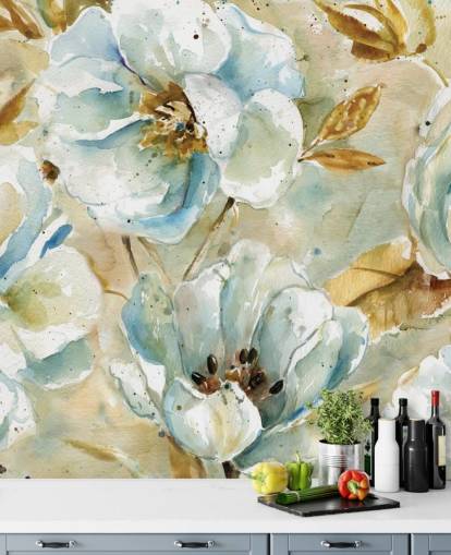 Blå blomster og brune blader Blomstermaleri Blå blomster og brune blader Blomstermaleri