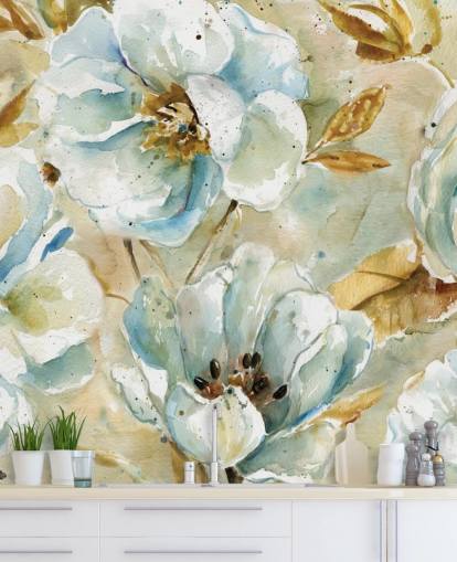 Blauwe bloemen en bruine bladeren bloemenmuurschildering