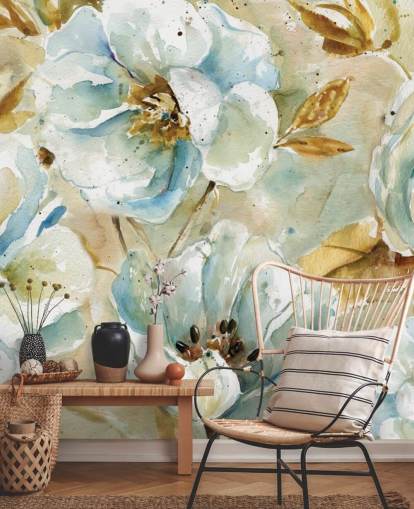 Blue Flowers and Brown Leaves Floral Mural