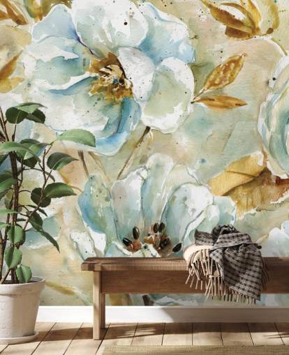 Blue Flowers and Brown Leaves Floral Mural