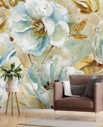 Blue Flowers and Brown Leaves Floral Mural