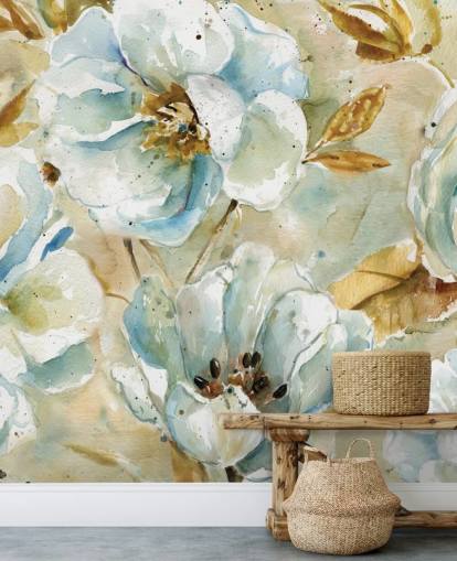 Blue Flowers and Brown Leaves Floral Mural Blue Flowers and Brown Leaves Floral Mural