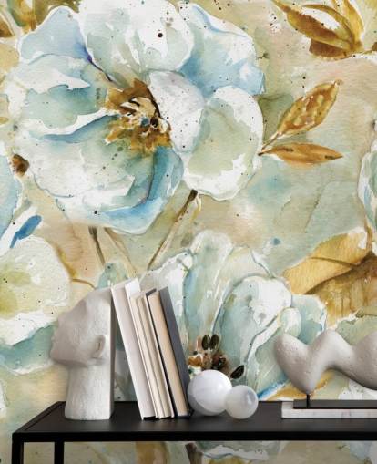 Blumen-Wandbild mit blauen Blumen und braunen Blättern