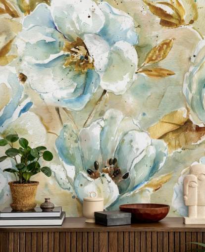 Mural floral de flores azuis e folhas marrons