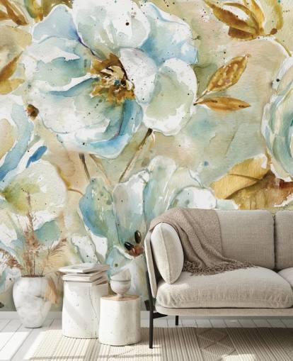 Mural floral con flores azules y hojas marrones