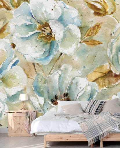 Mural floral de flores azuis e folhas marrons Mural floral de flores azuis e folhas marrons