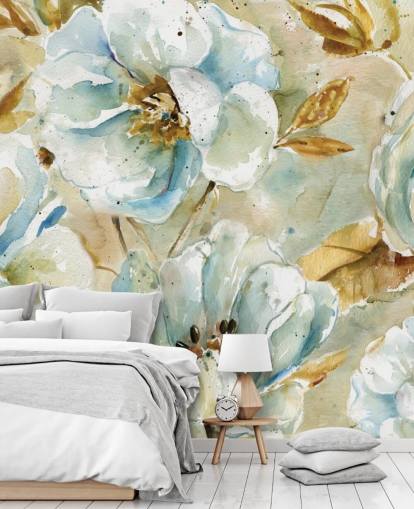 Peinture murale florale de fleurs bleues et de feuilles brunes