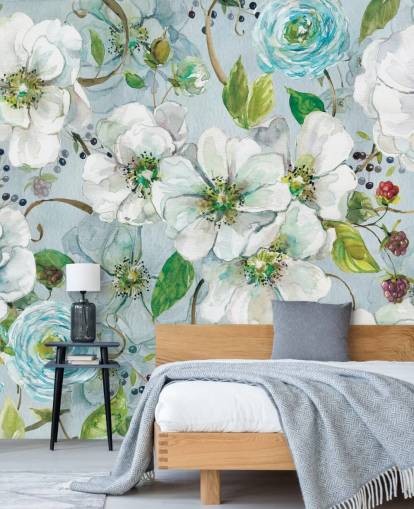 White Rose and Ranunculus Wall Mural