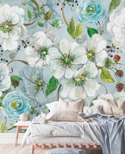 Décoration murale rose blanche et renoncules